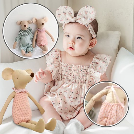 Doudou Ultra-Doux pour Bébé – bébé avec bandeau oreilles de lapin posant avec deux peluches souris rose et verte
