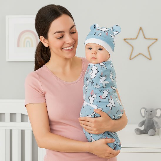 Maman souriante tenant son bébé emmailloté dans une couverture bleue douce et moelleuse – parfait pour la naissance.