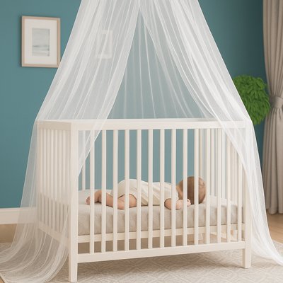 Ciel de Lit Enfant | Nuit Féérique – voile blanc transparent suspendu au-dessus d’un berceau en bois, créant une atmosphère douce et paisible pour le sommeil du bébé