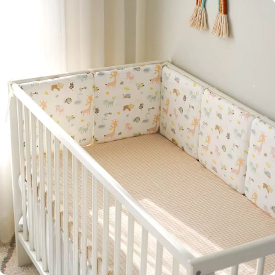  Joli lit bébé blanc avec tour de lit rembourré beige clair assurant sécurité et confort au nourrisson.