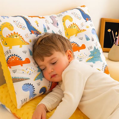 Oreiller Bébé Doux | Rêves Enchantés – enfant endormi sur un oreiller jaune à imprimés de dinosaures, alliant confort et imagination