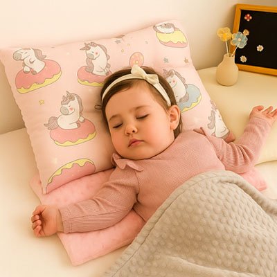 Oreiller Bébé Doux | Rêves Enchantés – bébé endormi paisiblement sur un oreiller rose imprimé de licornes, apportant douceur et confort au sommeil