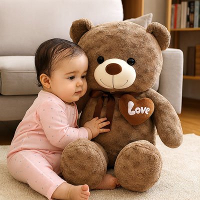 Bébé assis au sol câlinant un ours en peluche marron avec un cœur “Love”, décor doux et lumineux.