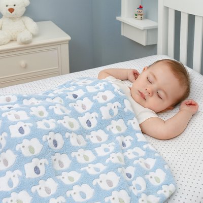 Bébé endormi dans son lit avec une couverture bleue à motifs d’oursons blancs – couverture douce et apaisante