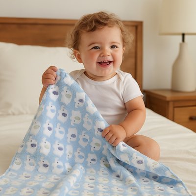 Bébé souriant, emmitouflé dans une couverture bleue à motifs doux – parfait pour les siestes et le jeu.