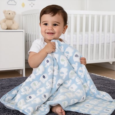 Bébé assis sur son lit, tenant une couverture polaire bleue moelleuse – idéale pour les moments cocooning.