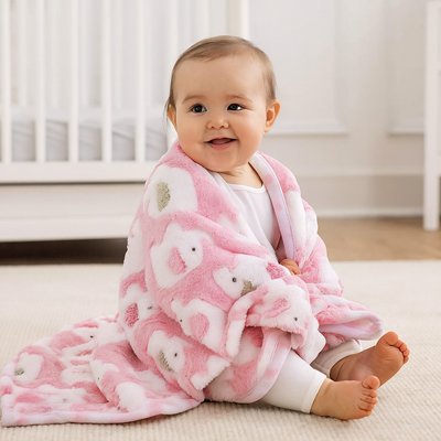Bébé souriant assis, enveloppé dans une couverture polaire rose à motifs d’oursons – chaleur et confort garantis