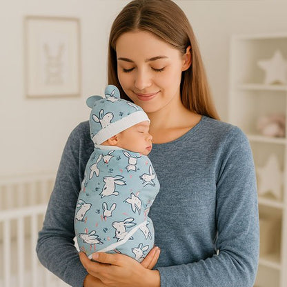 Bébé emmailloté dans une couverture bleue à capuche oreilles d’ours – design adorable et cocon douillet.