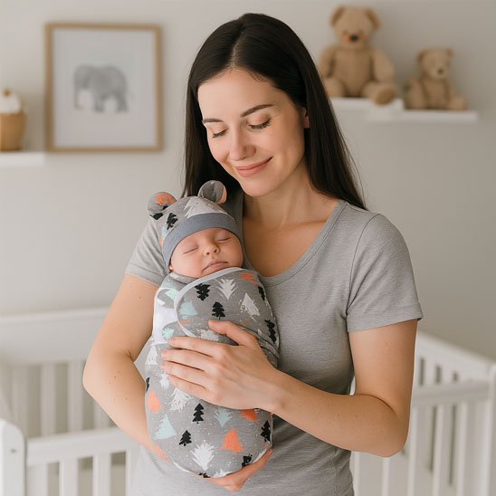 Bébé emmailloté dans une couverture douce grise à motifs d’étoiles, bercé tendrement par sa maman.