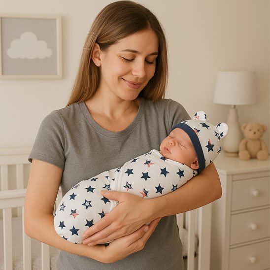 Maman tenant son bébé emmailloté dans une couverture bleue à motifs d’étoiles – confort et sécurité pour un sommeil paisible.