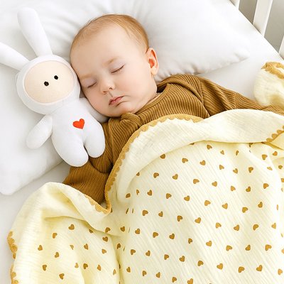 Bébé endormi paisiblement sous une couverture jaune à petits cœurs, tenant une peluche blanche – chaleur et tendresse assurées.