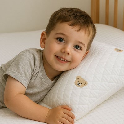 Bébé souriant, allongé sur un oreiller blanc à motifs d’ourson – parfait pour un sommeil sain et confortable