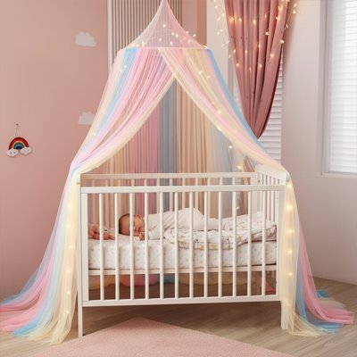 Ciel de lit pastel arc-en-ciel, parfait pour la chambre de bébé – style féerique et ambiance de rêve