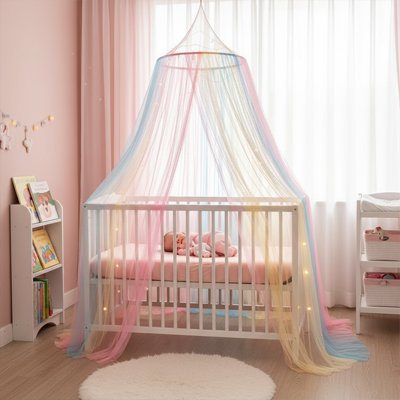 Ciel de lit bébé arc-en-ciel installé au-dessus d’un lit en bois – décoration douce et apaisante pour chambre rose.