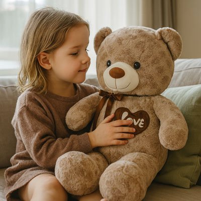  Enfant tenant tendrement un ours en peluche brun avec un cœur “Love”, moment de tendresse et de douceur.