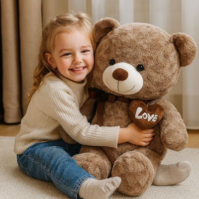  Petite fille heureuse serrant un grand ours en peluche marron marqué “Love”, sourire et bonheur au rendez-vous.