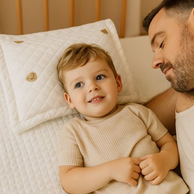 Enfant allongé dans un lit bébé, tête posée sur un oreiller doux et respirant – soutien parfait pour les cervicales.