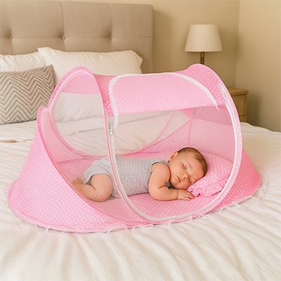  Bébé allongé sur un matelas rose à l’intérieur d’un berceau pliable avec moustiquaire, alliant douceur et sécurité