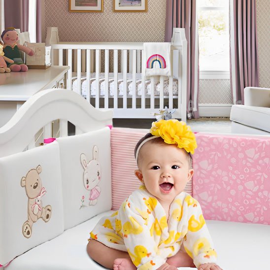 Lit de bébé décoré avec un tour de lit rose à motifs d’ourson – design charmant et protecteur.