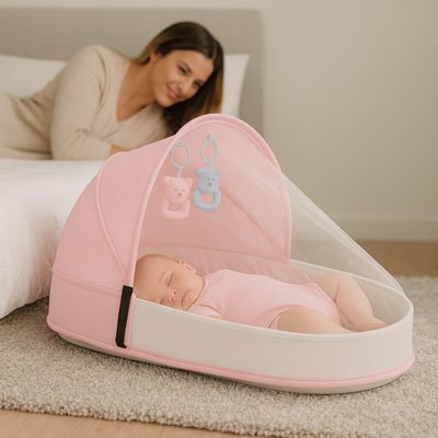 Maman observant son bébé endormi dans un lit de voyage bébé compact rose clair avec moustiquaire, placé à côté du lit parental.