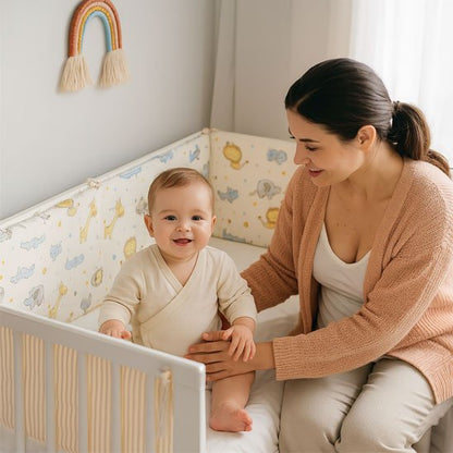 Maman jouant avec son bébé dans un lit à tour de lit rembourré aux motifs colorés – sécurité et confort garantis.