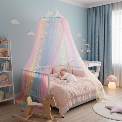 Moustiquaire multicolore suspendue au-dessus d’un lit bébé – protection élégante et déco chaleureuse pour le sommeil de bébé.