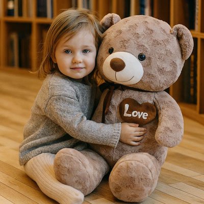  Petite fille souriante jouant avec un ours en peluche marron marqué “Love”, sur un plancher en bois clair.