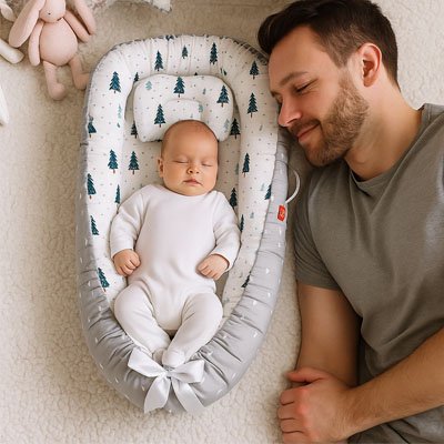 réducteur de lit papa dort en souriant avec bébé