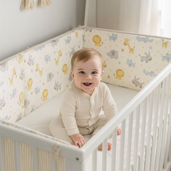 Bébé souriant dans un lit blanc avec tour de lit rembourré aux motifs d’animaux – protection douce et sécurisée.