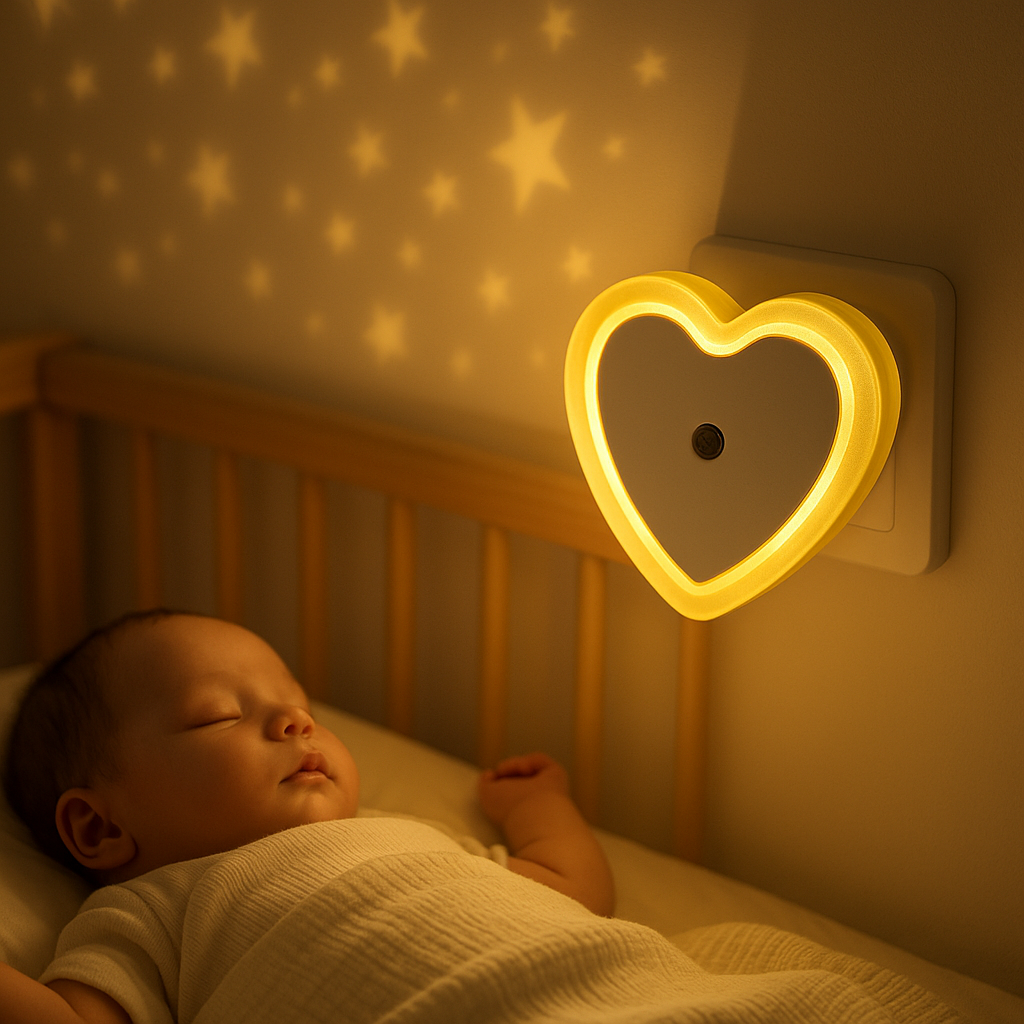 veilleuse bébé qui dort dans berceau au mur avec étoiles