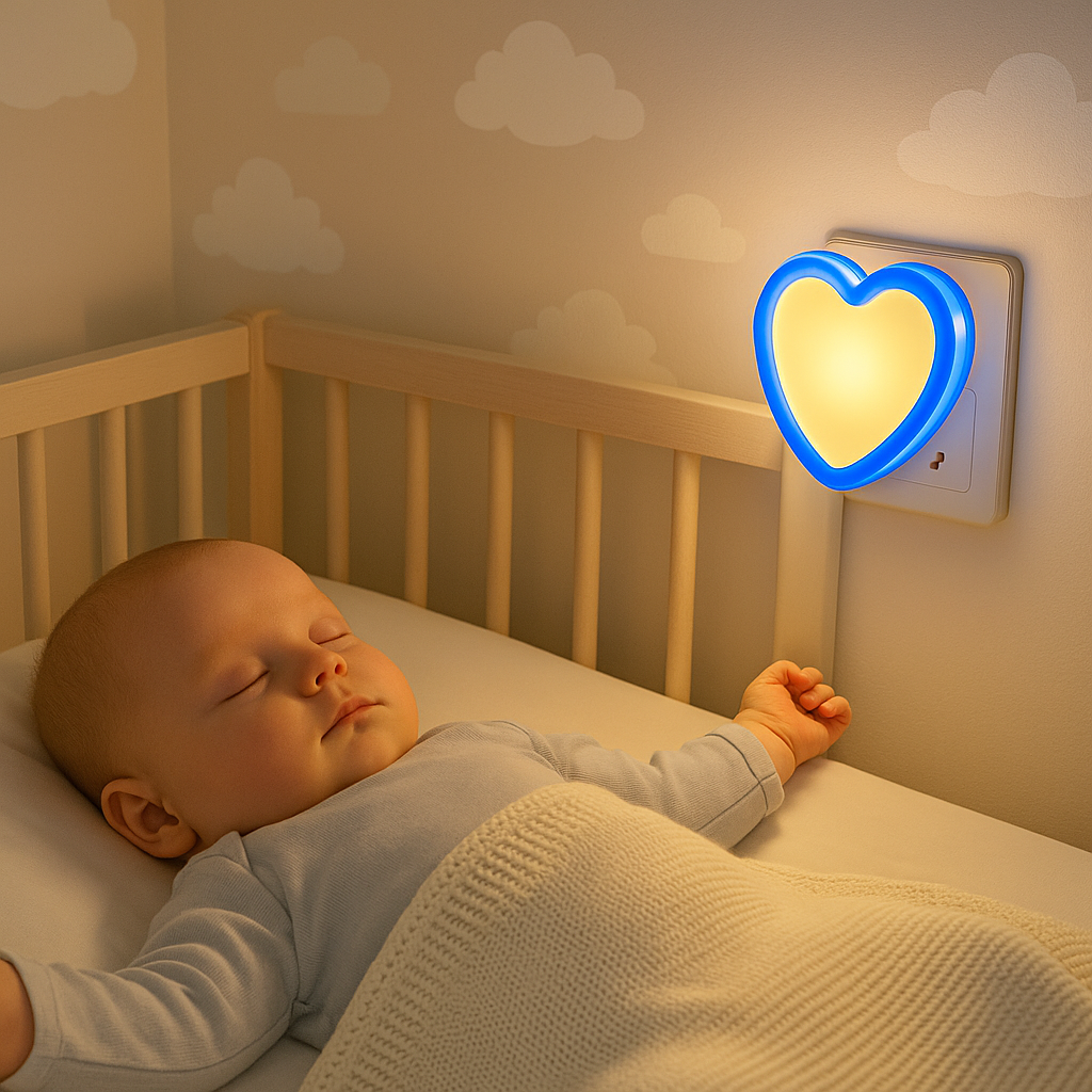 veilleuse bébé qui dort dans berceau au mur avec nuages